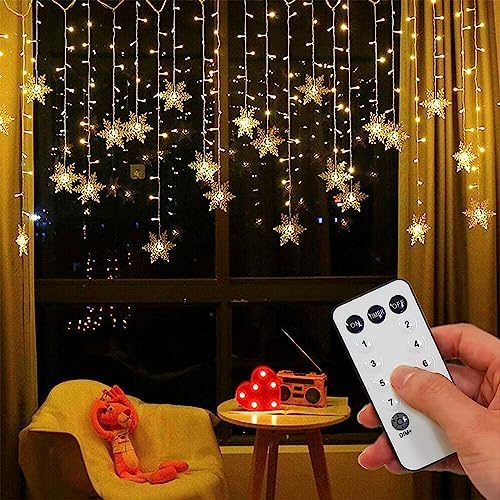 String Lights LED Curtain Light, 96 LED Fairy Hanging String Lights Waterproof Christmas Snowflake Lights with Wireless Control for Outside Indoor Bedroom Party Fence Patio - Warm White by Aprjv