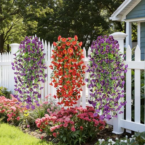 6 Pcs Artificial Hanging Flowers 30 Inch Purple Lavender Violet Morning Glory Vines UV Resistant Fake Hanging Plants Silk Hanging Flowers for Outdoor Spring Summer Garden Window Box Decor - Image 6
