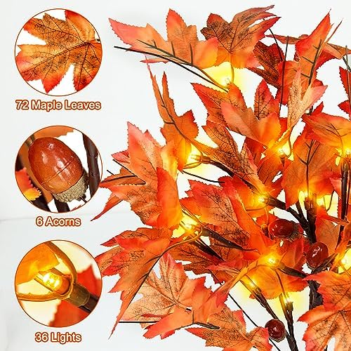 Remon 18 Inch Lighted Fall Maple Tree - 1.5FT Thanksgiving Tabletop Lamp Decor with 36 LED Lights, 72 Maple Leaves, 6 Acorns, Timer Function, Battery Operated Fall Artificial Tree with Burlap Base - Image 3