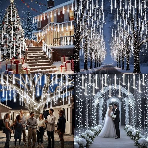 Weepong Christmas Lights Outdoor UL Certified Meteor Shower Lights 12 Inch 8 Tubes 192 LED Falling Rain Drop Icicle Snow Cascading Light for Xmas Tree Wedding Party Garden Decoration, White - Image 2