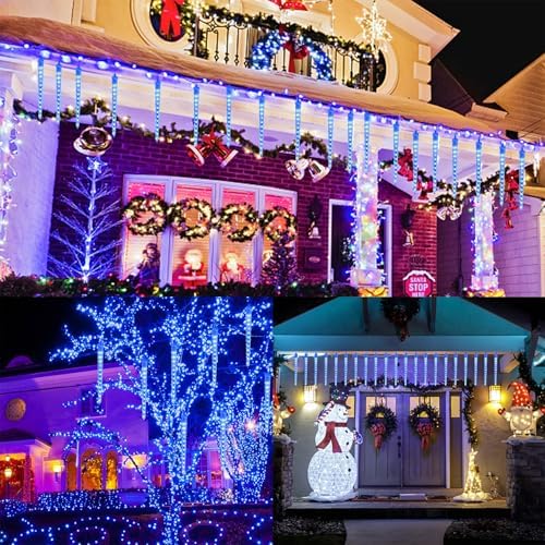 WATERGLIDE 16 Icicles Meteor Shower Lights, 12" Outdoor Icicle Christmas Lights 384 SMD LED Crystal Ice Falling Light, Connectable Raindrop Iciclelight, Xmas Winter Party Tree Holiday Decor, Blue - Image 6
