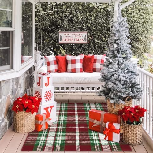 Moucuny 2'4'' X 3'7'' Red Green White Brown Christmas Plaid Outdoor Rug - Image 6