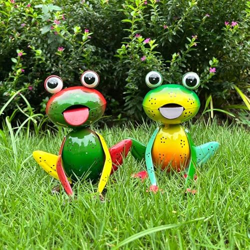 Metal Garden Decor for Outside Set of 2 Cute Small Frogs - OutdoorGarden Sculptures & Statues, Patio Lawn Backyard Fence Porch Decor, Metal Yard Art Ornaments, Garden Gifts for Mom Women Grandma by CruisCuka