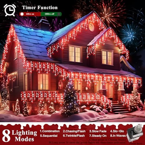 XURISEN 66ft 640 LED Christmas Lights Outdoor with 120 Drops, 8 Modes Curtain Fairy Lights Plug in Waterproof Timer Memory Function String Lights for Christmas Holiday Wedding Party Decor(Red+White) - Image 2