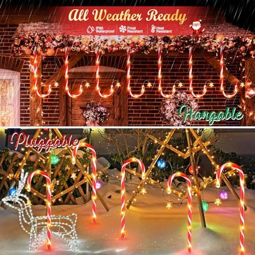 BUCASA 24 Pack Christmas Decorations Outdoor Solar Candy Cane Lights, Solar Pathway Lights with USB Charge, 10 Modes 144 LEDs Waterproof Outdoor Christmas Decorations for Yard Garden Pathway - Image 2