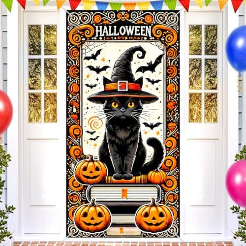 BlissYard Halloween Door Cover Black Cat Pumpkins 35x71 Inch Polyester - Image 2