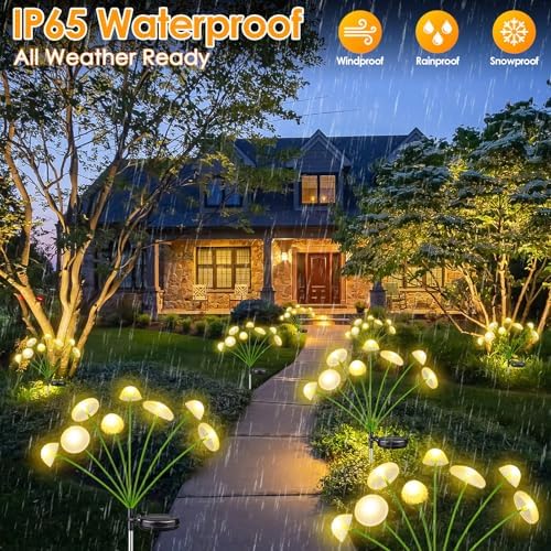KAQ 4PK 32LED Solar Garden Lights Outdoor Waterproof | Solar Mushroom Lights for Outside Sway by Wind Firefly Fairy Light for Patio Pathway Garden Bush Yard Decorations (Warm White) - Image 5