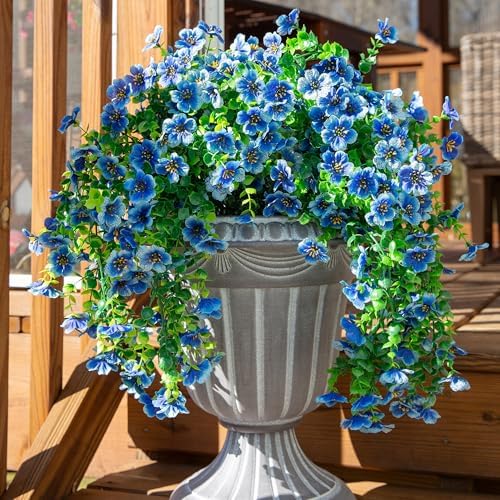 HyeFlora Artificial Flowers for Outdoors Decoration, 2Pcs Blue Fake Hanging Spring Summer Decor, Lifelike Plants, UV & Fading Resistant Flower for Porch Patio Balcony Planter Yard Home Garland by HyeFloraartificialflowers