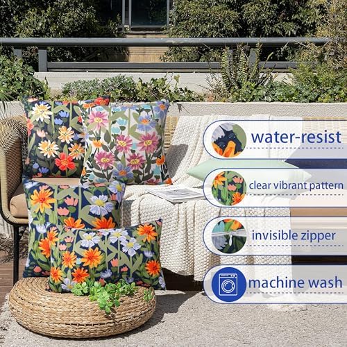 Pyonic Spring Summer Floral Outdoor Pillow Covers 18x18 inch Waterproof Throw Pillow Covers Outdoor Pillows for Patio Furniture Garden Bench Porch,Navy - Image 4