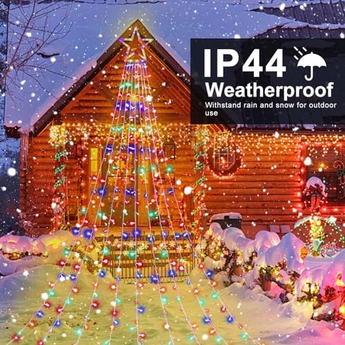 (New) Christmas Lights, Outdoor Christmas Decorations, 320 LED Waterfall String Lights, 8 Light Modes Chrsitmas Lights with 12" Star Tree Topper for Yard, Party, New Year (Multicolor) - Image 5
