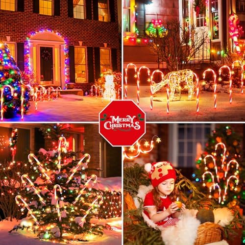 BUCASA 24 Pack Christmas Decorations Outdoor Solar Candy Cane Lights, Solar Pathway Lights with USB Charge, 10 Modes 144 LEDs Waterproof Outdoor Christmas Decorations for Yard Garden Pathway - Image 6