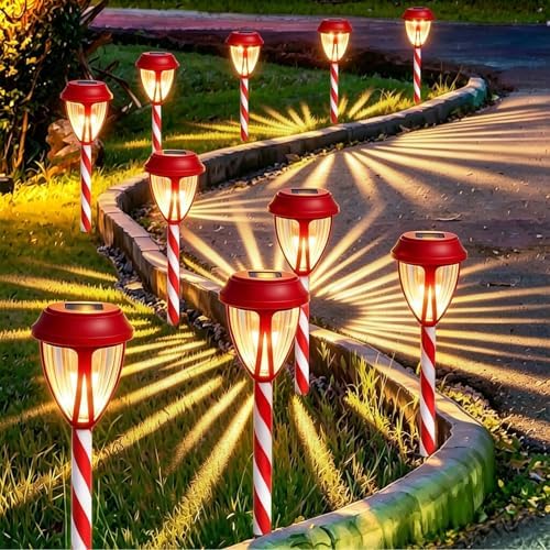 Dynaming 10Pack Solar Christmas Garden Lights, Outdoor Solar Powered Solar Candy Cane Pathway Markers, Waterproof & Auto On/Off Xmas Decorative Lights for Patio Yard Walkway Driveway Decor, Warm White by Dynaming