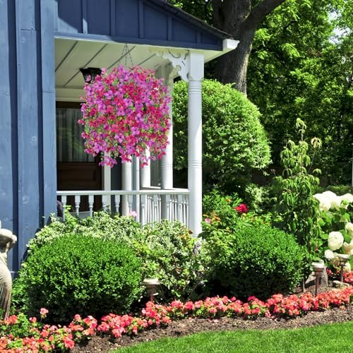 INXUGAO Artificial Hanging Flowers Plants with Basket for Outdoors, Realistic Faux Silk Daisy Flower Eucalyptus for Spring Decor, UV Resistant Fake Plants for Porch Patio Yard Balcony, Purple Violet - Image 7