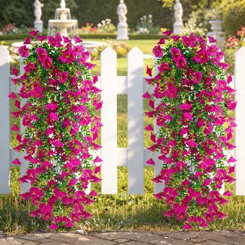 6 Pcs Artificial Hanging Flowers 30 Inch Rose Red Deep Pink Morning Glory Vines UV Resistant Fake Hanging Plants Silk Hanging Flowers for Outdoor Spring Summer Garden Balcony Window Box Decor - Image 6