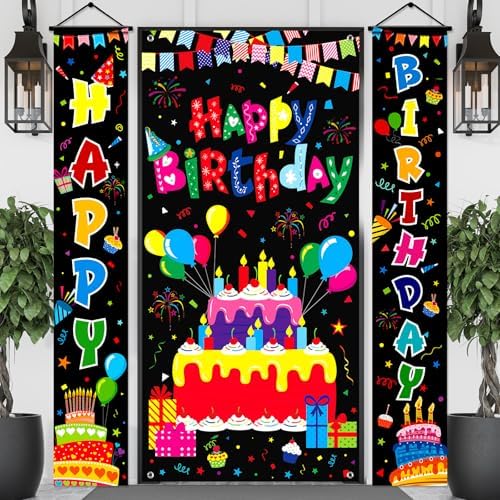 Oudain 3 Pack Colorful Happy Birthday Decorations Rainbow Birthday Banner Porch Sign Door Cover Flag Festival Wall Hanging Background Party Supplies by Oudain