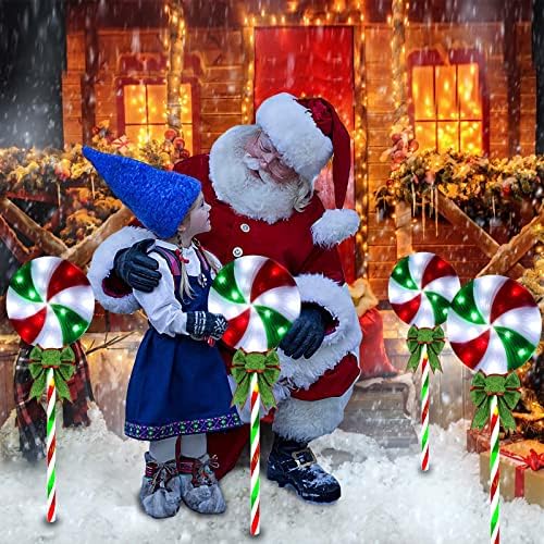 4 Pack 27.5" Lollipop Peppermint Christmas Pathway Lights Outdoor with Bows, Green Red White 80 LED Candy Cane Lights 8 Modes Timer Waterproof, Walkway Markers for Xmas Outsides Garden Yard Decoration - Image 4