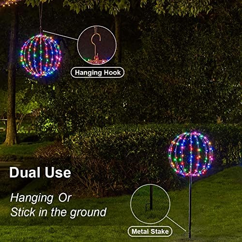 Christmas Ball Light Sphere, 10IN 48LED Hanging Tree Light and Pathway Lights with Hook and Stake, Foldable Metal Frame Light Ball for Outdoor Garden, UL Listed, Brown Frame, RGB - Image 3