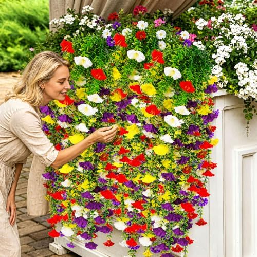 6 Pcs Artificial Hanging Flowers for Outdoors, UV Resistant Morning Glory Vines, Faux Silk Trailing Plants for Porch Patio Window Box Indoor Outdoor Home Decor (Mixed-color04) - Image 3