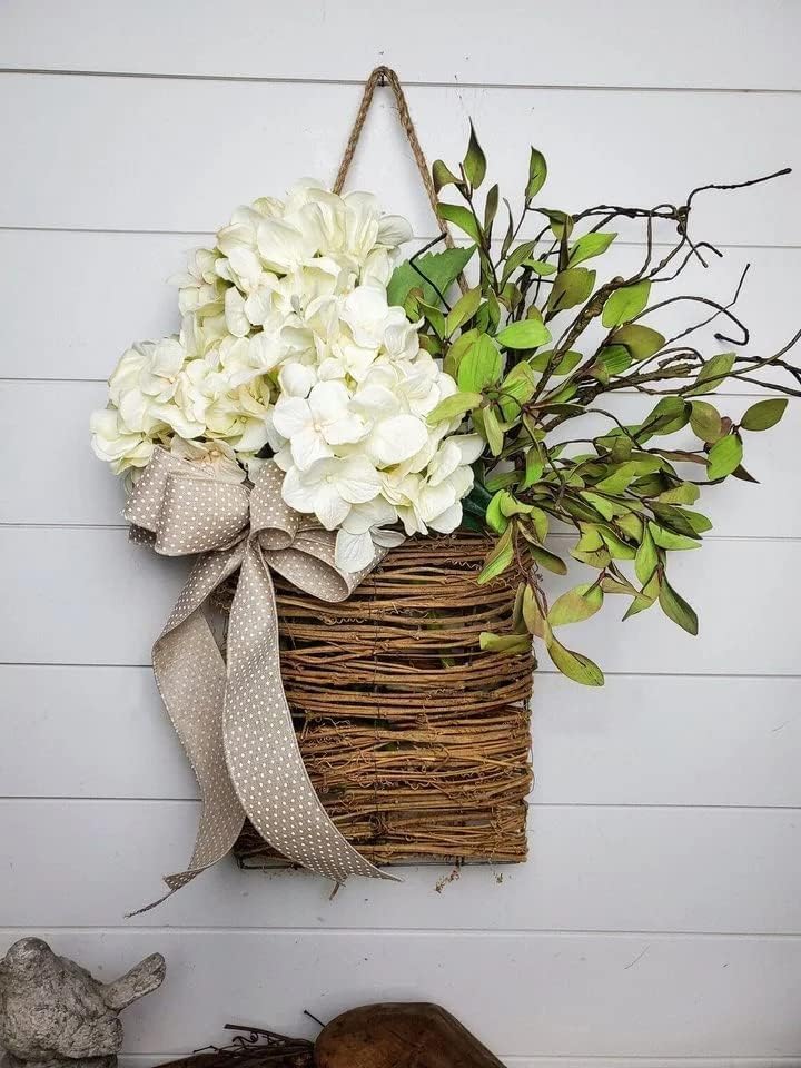 Cream Hydrangea Door Hanger Basket Wreath - Farmhouse Spring Wreath with Wildflowers, Mother's Day Decor, Artificial Rattan Hanging Basket for Porch, Wall, Home Decor by MYELJO