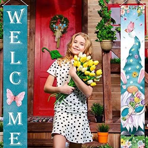 Welcome Spring Porch Banners Spring Gnome Door Banner with Gnome Butterfly Flower Pattern Tulip Hanging Banners Spring Home Decorations for Indoor Outdoor Home Yard Wall Supplies (Tulip Theme) - Image 3