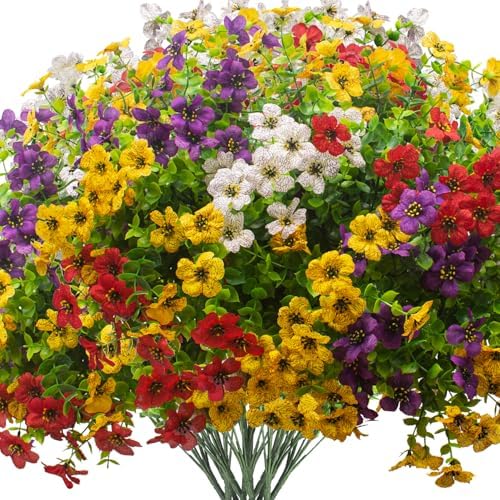 Grunyia Artificial Fake Plants Flowers for Outdoor Spring Decoration, 16 Bundles Faux Silk Colorful Daisy UV Resistant Realistic for Outside Porch Patio Home Yard Garden Planters Pots Window Box(Mix) by Grunyia