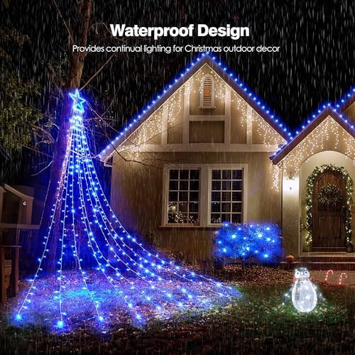 BlcTec Outdoor Christmas Decorations 317 LEDs Christmas Lights with 9 Strands 11.9ft Waterfall Christmas Tree Lights, 8 Modes, UL Certified, Waterproof, Topper Star & Timer for Yard Patio Décor, Blue - Image 3