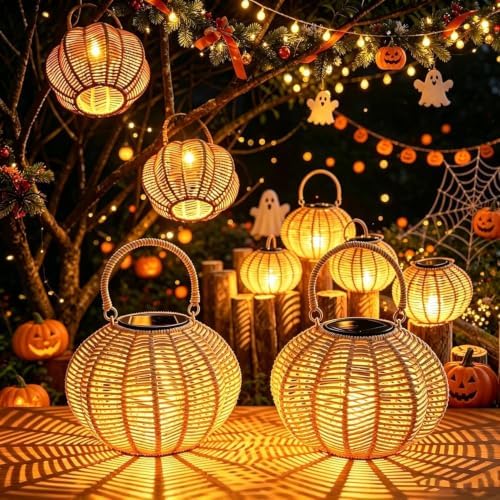 2 Packs Waterproof Solar Lanterns Outdoor,Halloween Rattan Pumpkin Lights - Image 6