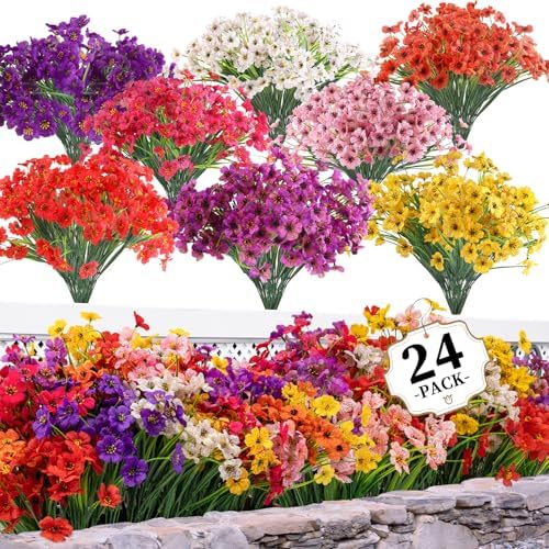 24 Bundles Artificial Flowers for Outdoors/Indoors, Fake Flowers Plants for Indoor Outside Garden Porch Window Box Home Wedding Farmhouse(8 Color) by ColoPlay