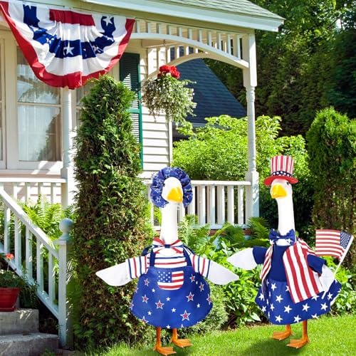 Abbylike 2 Set American 4th of July Porch Goose Outfits 250th Anniversary Goose Costume Clothes Fits Large 23'' Statues Cement for Independence Memorial Day Patriotic Lawn Yard Garden Decor - Image 2