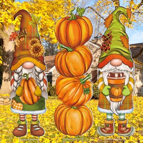 Umigy 3 Pcs Fall Gnome Yard Decor Cute Autumn Thanksgiving Gnome Yard Sign with Stakes 32 x 10 Inch Outdoor Lawn Decor, Outside Autumn Garden Decoration for Home Pathway Walkway by Umigy