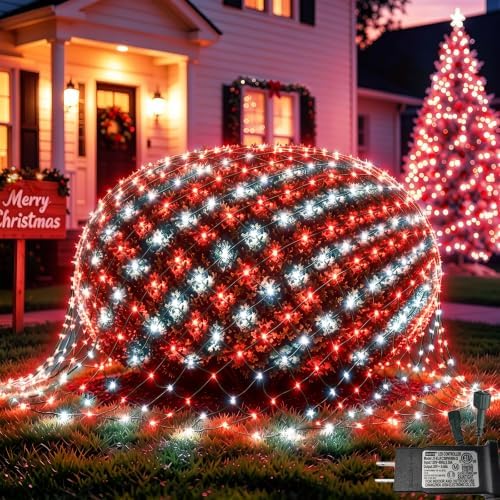 Pooqla Red and White Christmas Net Lights Outdoor, 15x 5ft Green Wire by Pooqla