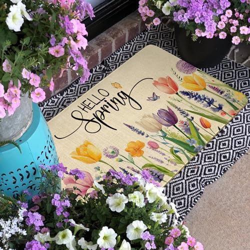 Spring Summer Door Mat,Hello Spring Tulip Lavender Flower Floral Indoor Outdoor Non-Slip Doormat,Entryway Front Porch Farmhouse Spring Welcome Door Mat Colorful for Entrance Decor,30" x 17" - Image 6