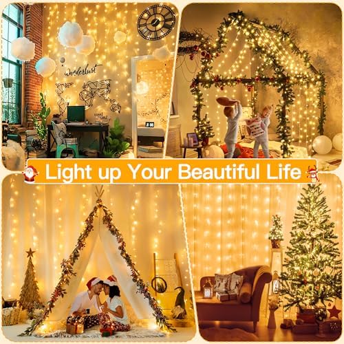 Ollny Curtain Lights 9.8ftx9.8ft, 300LED Fairy Light with Remote Warm White - Image 3