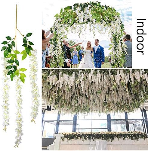 12Pcs Artificial Wisteria Flowers 3.6 Feet/Piece White Dense Artificial Fake Wisteria Vine Ratta Hanging Garland Silk Flowers String Home Party Wedding Decor(White-Dense) - Image 5