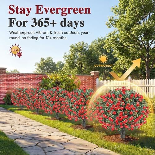 PATIO CHOICE Topiary Trees Artificial Outdoor Boxwood Ball Trees with Rose Set of 2 22" Fake Outdoor Plants Faux Bushes and Shrubs Decorations for Outdoor Indoor Front Porch Garden - Image 5
