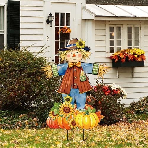 JarThenaAMCS 33" H Fall Large Scarecrow Metal Garden Stakes Rustic Pumpkin Pile Scarecrow Decorative Lawn Sign for Autumn Thanksgiving Home Outside Lawn Porch Decor - Image 7
