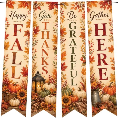 Thanksgiving Decorations - 4 PCS Vertical Fall Harvest Hanging Banners by OHOME