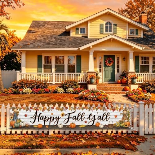 Fall Banner Happy Fall Yard Banner Rustic Scarecrow Pumpkins Outdoor Decor - Image 2