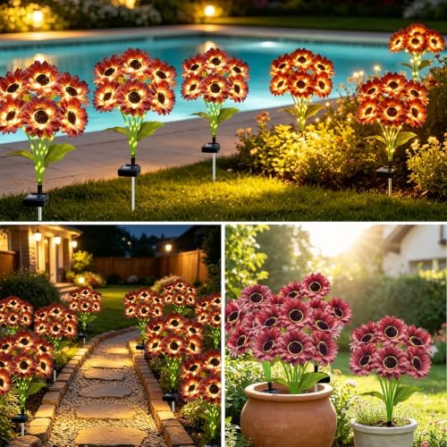 MRHEPHAESTUS Solar Garden Lights Outdoor, 4 Pack Solar Brown Sunflower Lights with 18 Head 3.5 Inch Flowers, Waterproof Flowers Light Fall Decor Auto ON/Off for Garden Yard Patio, Gifts for Mom Women - Image 6