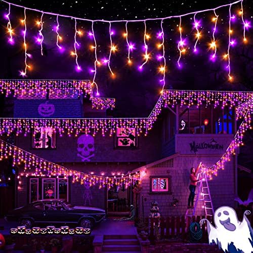 XURISEN Halloween Lights Outdoor, 66FT 640 LED Orange Purple Halloween String Lights with 120 Drops, 8 Modes Timer Memory Function Hanging Curtain Lights for Halloween Decorations Holiday Party Eaves by XURISEN