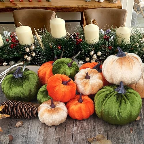 Artmag 12Pcs Fall Artificial Velvet Pumpkins Assorted Sizes Orange Green Khaki Fake Farmhouse Harvest Pumpkins for Fall Thanksgiving Party Home Decoration - Image 2