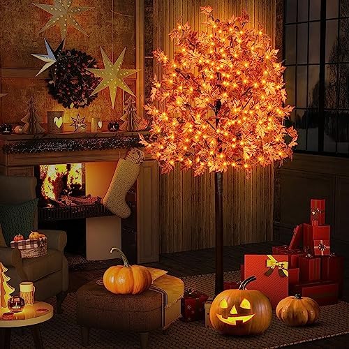 7FT 170 LED Lighted Maple Tree - Thanksgiving Decor Artificial Fall Tree with 17 Branches, 17 Acorns 340 Leaves, Remote 8 Flashing Modes, Timing, DC 5V Safe for Outdoor Wedding Party Autumn Decor - Image 6