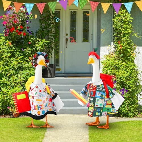 Abbylike 2 Set Back to School Porch Goose Outfit First Day of School Yard Goose Costume Clothes with Bag Pencli and Notebook Fits Large 23'' Cement for Garden Pathway Statue Decor - Image 5