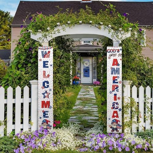 doginthehole 4th of July Decorations 2pcs Hanging American Flag Banners Porch Sign, 12"x71" Patriotic Decorations Banners for Memorial Day Veterans Day - Image 5