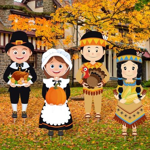 Yuntau 4 Pcs Large Thanksgiving Pilgrim Boy and Girl and Native American Boy and Girl Yard Sign Decor with Stakes Waterproof Outdoor Garden Pumpkin Turkey Yard Stake Autumn Lawn Decor,14 x 35 Inch by Yuntau