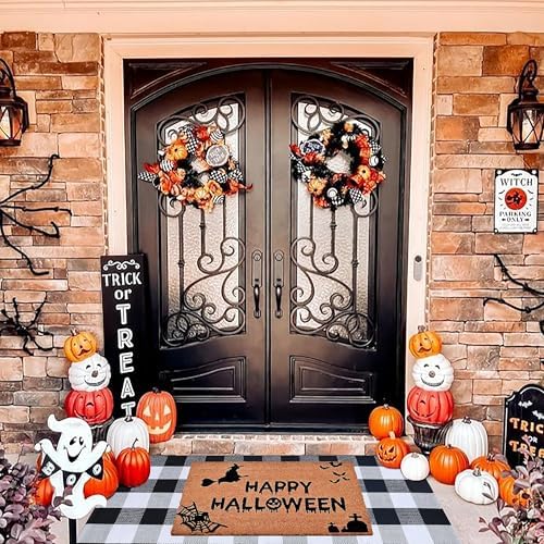 Halloween Decor Doormat Combo Set, 100% Coco Coir Welcome Mat + 3' x 5' Black and White Plaid Rug - Halloween Fall Front Porch Entryway Decor Floor Mat, Indoor Outdoor Autumn Mats Happy Halloween - Image 3