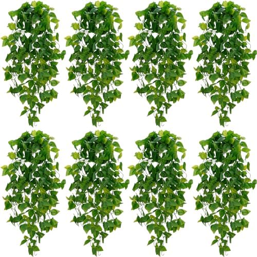 BLEUM CADE Fake Hanging Plants, 8pcs Artificial Pothos Vines Greenery for Wall Home Living Room Office Indoor Outdoor Decor (No Baskets) by BLEUMCADE