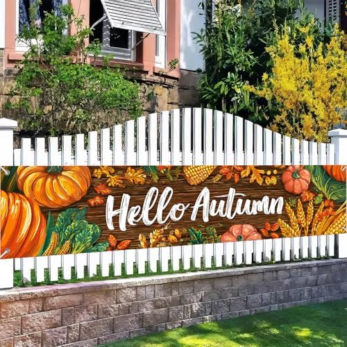 BlissYard Hello Autumn Decorations Banner 118x20 Inch Polyester Fabric Fall Harvest Outdoor Porch sign Pumpkins Leaves Design for Indoor Outdoor Garden Fence Banner Party Supplies - Image 2
