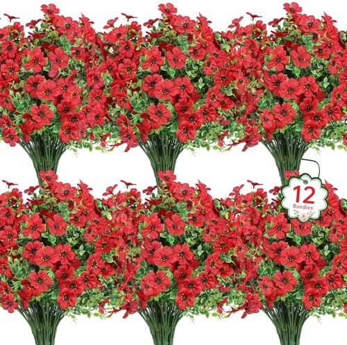 Ouddy Decor 12 Pcs Artificial Flowers for Outdoors Decorations, Red by OuddyDecor