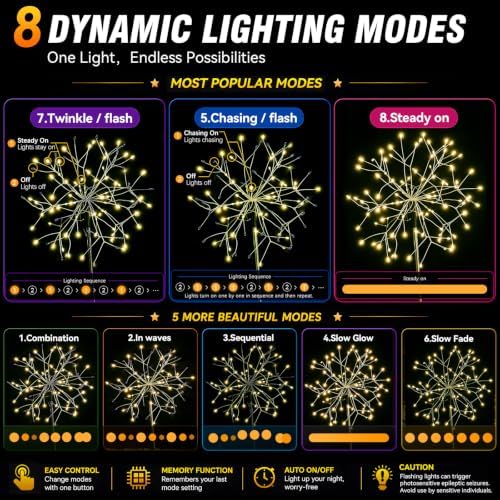 suddus Solar Garden Lights Outdoor 2-Pack 150LED Firework Lights Warm White - Image 4